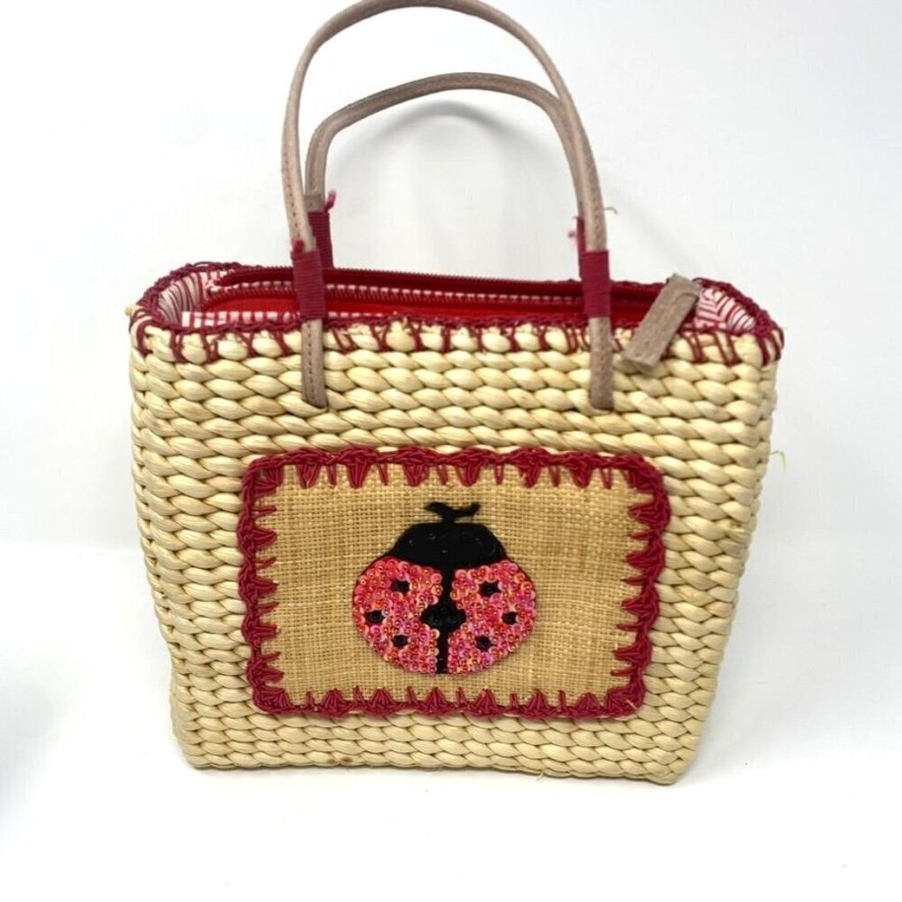 Ladybug Applique Straw Bag Zip Top Red Trim Fabric Lining Summer Spring